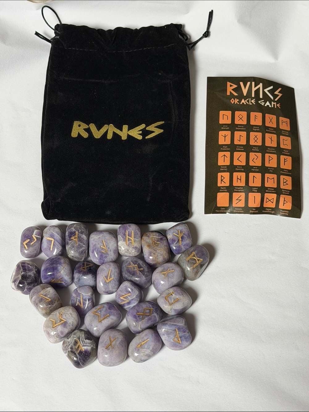 Runes Oracle Game Set with Amethyst Runes and Velvet Bag